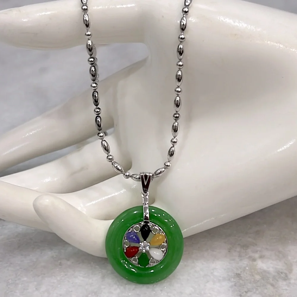 Burmese Multi Jade Zircon Sterling Silver Wheel Pendant  Necklace